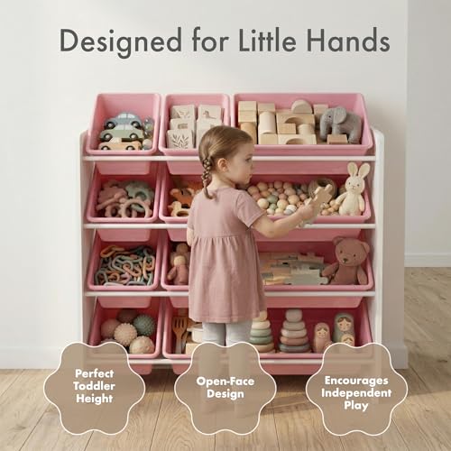 Image of Humble Crew Toy Storage Organizer with 12 Removable Storage Bins for Kids Playroom, 4-Tier Toddler Toy Organization, White /Pink