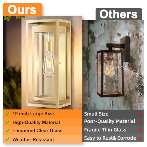 Image of 19 Inch Gold Outdoor Wall Light Fixtures, 2 Pack Porch Lights | Large Size, Anti-Rust, Waterproof, Tempered Glass, Easy Installation, Exterior Wall Sconces for House Entryway Garage