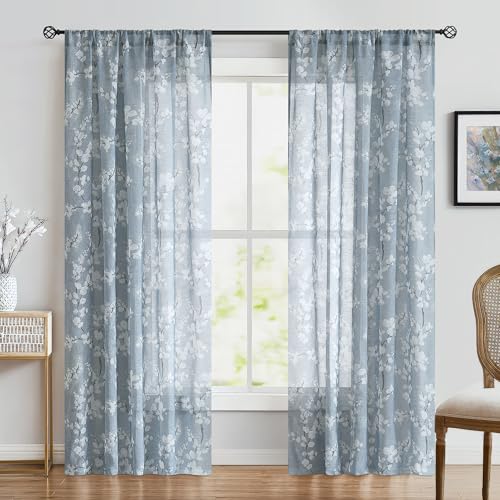 Image of FMFUNCTEX Linen Sheer Blossom Floral Print Curtains Blue 84 Inch 2 Panels