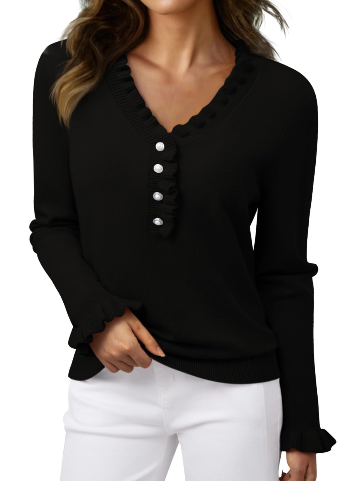 Pink Queen Womens V Neck Sweater Button Down Ruffle Trim Knitted Pullover Jumper Tops