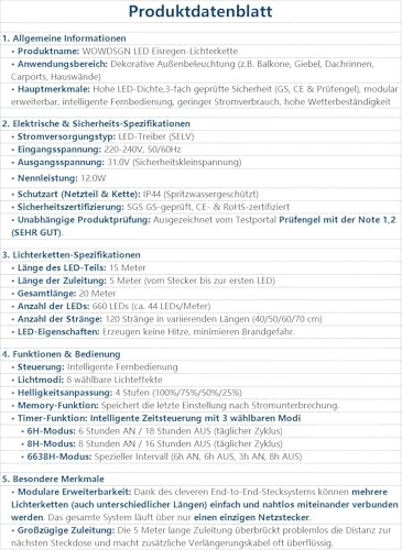 WOWDSGN LED Eisregen Lichterkette Außen, 15M 660LED Eiszapfen mit Timer 8 Modi IP44 wasserdicht Strombetrieben, Lichtervorhang für Weihnachten Dachkante Dachrinne Terrasse Balkon Warmweiß