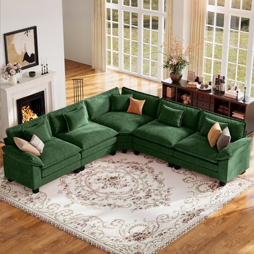 CDCASA 117" Oversized Modular Sectional Sofa with Corner, Comfy V-Shaped Cloud Couch, 5-Seater Chenille Deep Seat Modern Sofa Couch for Living Room, DIY Combination, Green