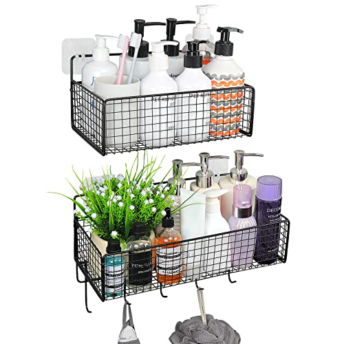 Livabber Adhesive Shower Caddy Basket Shelf With Hooks, All Metal Bathroom Organizer Shelf Rustproof Storage Basket No Drilling Wall Mounted, 2-In-1 Space Saving Kitchen Spice Racks, 2 Pack, Black #TOP12