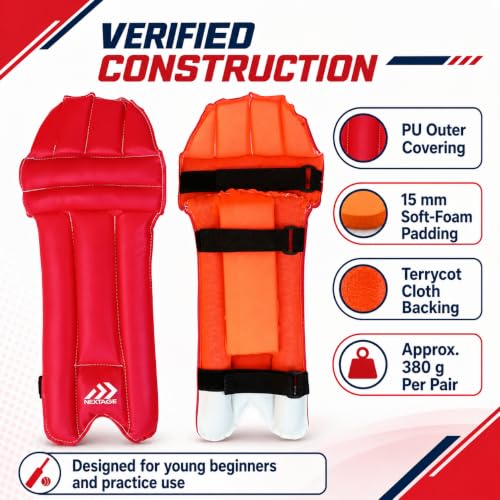 Image of NEXTAGE Small Junior Cricket Batting Pads for Kids | Fits 10-11 Inch Knee-to-Instep | 16.5 Inch Lightweight Soft-Foam Practice Leg Guards | 3 Adjustable Straps | Pair (Red)