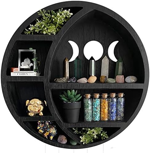 Ella & Emma Wooden Moon Shelf for Crystals - Crescent Moon Crystal Shelf, Crystal Storage & Wall Hanging Shelves for Bedroom Aesthetic, Moon Phase Wall Decor & Crystal Display Shelf, Pinewood, Black