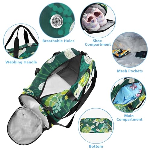 YETTASBIN Sport Travel Duffel Bag for Girls Boys, Green Turtle Large Waterproof Weekender Overnight Bag, Detachable Shoulder Strap Gym Bag with Shoe Compartment & Wet Pocket4