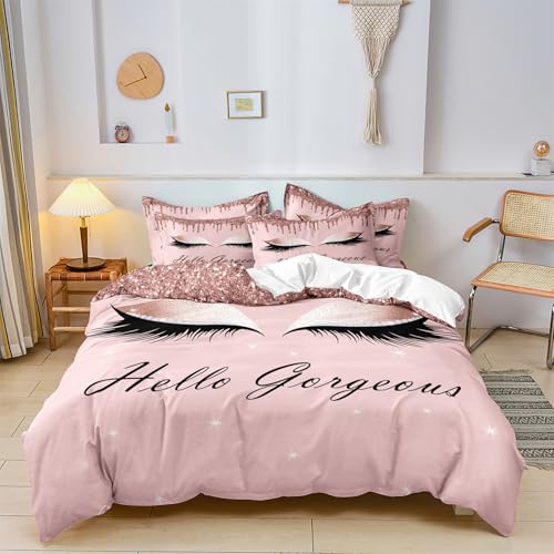 Long Eyelashes Duvet Cover Set - Full Size, Luxury Rose Gold Glitter Bling Girly Pink Bedding Sets, Hello Gorgeous Comforter Cover Bedroom Decor for Women Teen Girl (1 Duvet Cover + 2 Pillowcase)