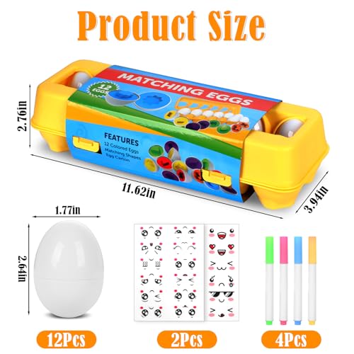 KOMABLEN 12Pcs Passende Eier Montessori Spielzeug, Eier Kinder Farb und Formen Sortierung Anerkennung, Puzzle Eier Sensorik Spielzeug Kleinkinder Mit Aufklebern und Stift für Ostern, Kindertag