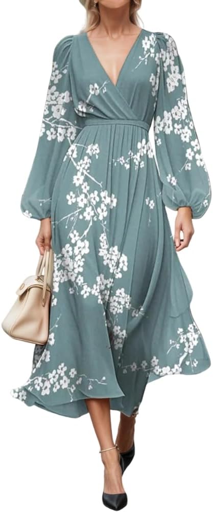 Akivide Women's Fall Chiffon Floral Print Puff Long Sleeve Maxi Dress Empire Waist Dresses for Women 2025 Elegant Classy