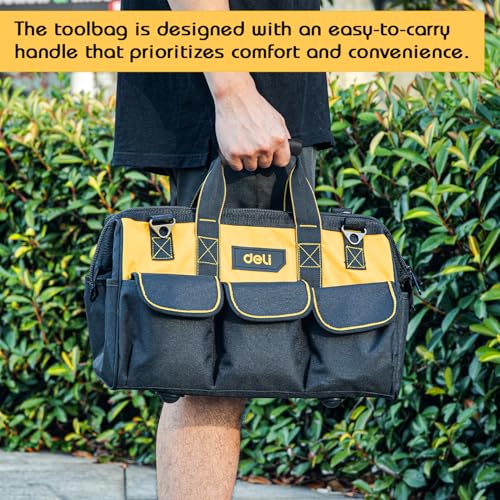 Image of Deli DL430116 16 inch Oxford Cloth Tool Storage Bag with Multi Compartment Pockets Handle & Steel Bar Heavy Duty Multipurpose Easy and Convenient Tools Organizer for Electrician Plumber Technician (1Pc)