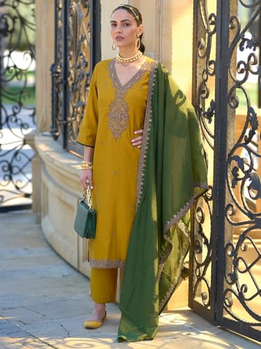 Image of INDO ERA Women's Silk Blend Embroidered Straight Kurta and Pant with Dupatta Set (KH9BK6210)