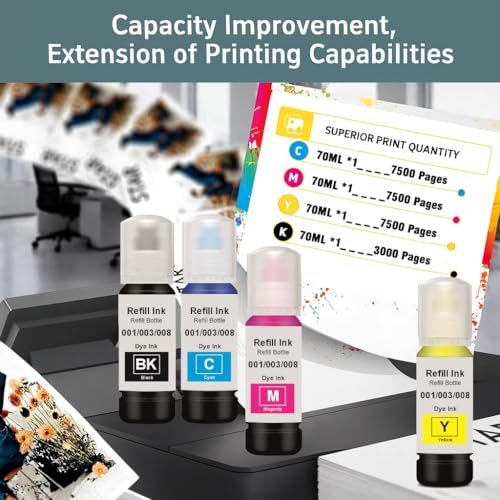 Image of KOSH 003 Refill Ink Compatible for Epson L3110, L3150, L3250, L3252 L3115, L3116, L3101, L3210, L3215, L3216, L3151, L3152, L3156, L5190 Printer (4, 001 /003 /008 Ink Set)