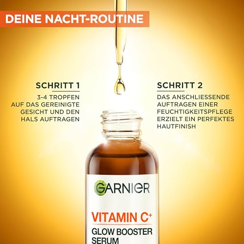 Garnier SkinActive Vitamin C Glow Booster Nachtserum: 10% pures Vitamin C & Hyaluronsäure für strahlende, glatte Haut. Regeneriert im Schlaf, mildert Linien & Pigmentflecken. Vegan & nachhaltig. 6