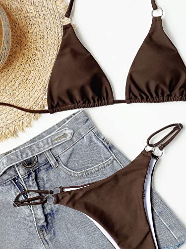 Shein Women's Ring Swimsuit Tie Back Backless Triangle Halter Bikini Top High Cut Thong Set Bathing Suit Chocolate Brown Large #TOP3