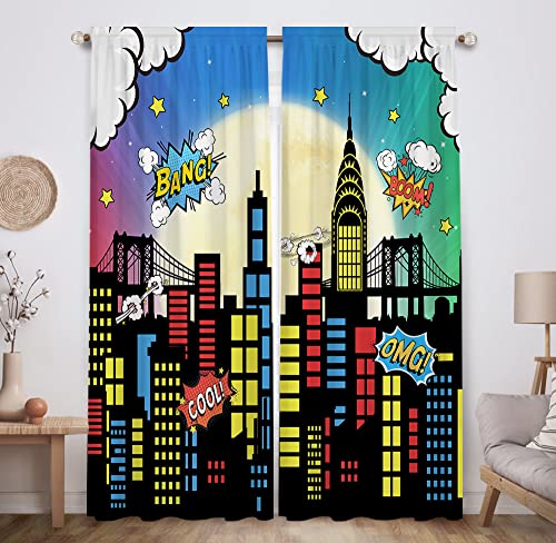 Image of Allenjoy Superhero Super City Skyline Buildings Children Window Curtains for Kids Baby Room Bedroom Nursery Toddler Home Office Decor Decorations Durable Fabric Machine Washable 82 in x 84 in