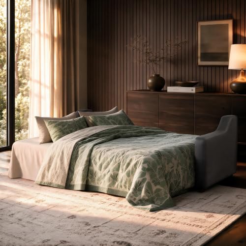 Image of Serta Glendale 90.2 inch Queen Size Wall-Hugging Convertible Sofa, Dreamcoil Comfort, Vegan Suede Fabric, Charcoal