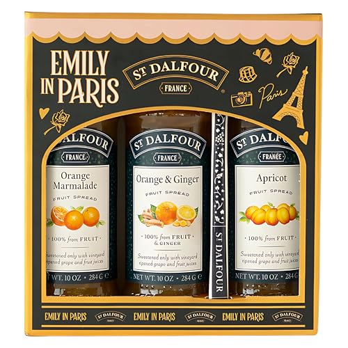 St. Dalfour Pack Regalo – Edición Emily in Paris – 100% fruta, sin azúcar añadido, sin gluten – 3x284g (Mango-Maracuyá/Albaricoque/Arándanos) con cuchara (Naranja, Naranja-Jengibre, Albaricoque)