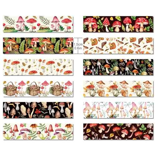 Adirasenotek Conjunto de 12 Rolos de Fita Adesiva de Cogumelo, Fita Adesiva de Papel Decorativa Vint