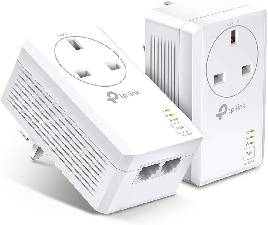 TL-PA7027P KIT Passthrough Powerline Adapter Kit, 2-Port Gigabit WiFi Extender, Speed Up To 1000 Mbps, HD & 3D & 4K Video Streaming and Online Gaming, No Configuration required, UK Plug