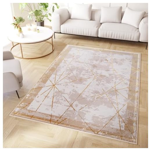 TAPISO Crystal Alfombra de Pelo Corto Brillante Suave Diseño Moderno Abstracto Dorado Beige Efecto 3D Alfombra de Salón Habitación Dormitorio Oeko-Tex 80 x 150 cm