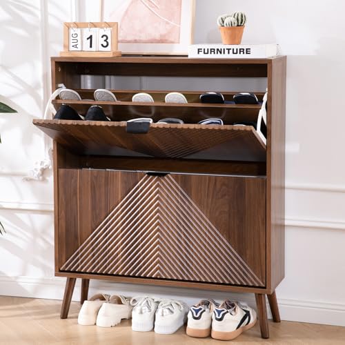 oakvivo Shoe Cabinet with 2 Flip Drawers, 31.5' Walnut Narrow Hidden Shoe Storage Cabinet, Freestanding Shoe Rack Organizer with Wooden Legs, Farmhouse Slim Shoe Storage for Entryway, Foyer, Hallway