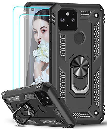LeYi for Google Pixel 5 Case and 2 Tempered Glass Screen Protector,Ring Holder Military Grade Protective Silicone Shockproof Tough Armor Hard Mobile Phone Cover for Google Pixel 5 Black