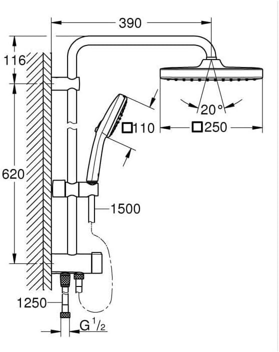 GROHE Vitalio 250 26698001 Shower Set without Fitting, Water-Saving, 8 Litres per Min (Rain Shower for Existing Shower Fittings, Shower Head 2 Jet Types, Shower Rail 74 cm, Shower System), Square