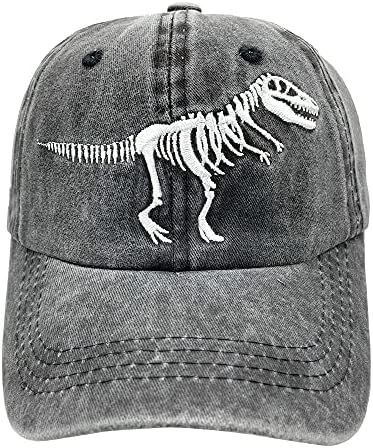 NVJUI JUFOPL Boys' Skull Dinosaur Hat, Washed Vintage Funny Embroidered Baseball Cap for Kids Black