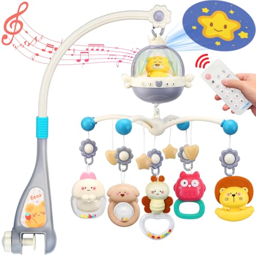 Image of Baby Crib Mobile with Night Lights and Music,Hanging Mobile for Crib Bassinet with Rotation, Projection,Remote Control,Babies Crib Toys for Nursery Newborn Infant Boys Girls (Gray)