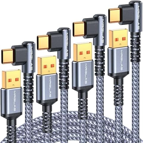 MRGLAS USB C Cable 3.2A【Upgraded 90°& Gold-Plated】, [4-Pack,10+6.6+3.3+1.6FT] Type C Fast Charging Cable Right Angle Nylon Braided USB A to USBC Cord for Samsung S10 S9 Note 10 9 8, LG, iPhone 16 15 Cover