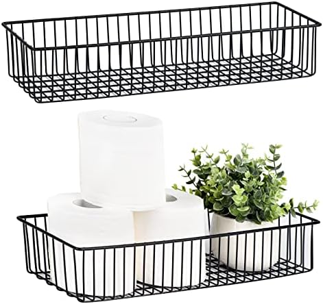 Wetheny Farmhouse Décor Metal Wire Organizer Storage Basket Bin (2 Pack)-Toilet Paper Storage-Organization and Storage for Bedroom, Bathroom, Kitchen Cabinets, Pantry, Laundry Room, Closets (Black)