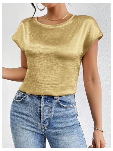 SweatyRocks Women's Crew Neck Satin Blouse Cap Short Sleeve Party Blouse Shirts Tops3