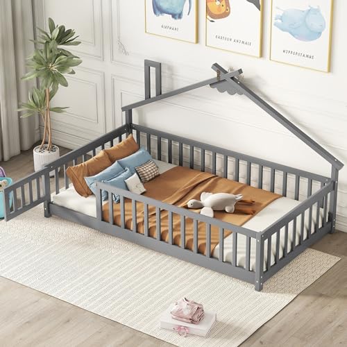 Twin-House-Shaped-Bedside-Floor-Bed-with-Guardrails-Slats-with-DoorGrey Twin House Shaped Bedside Floor Bed with Guardrails Slats with DoorGrey