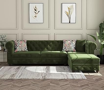 Premium CARTSolid Wood Velvet Fabric L Shape Sofa Sofa for Living Room Button Tufted Sofa Chair for Home & Office (Left Aligned L-Shaped (Left Aligned L-Shaped Green)