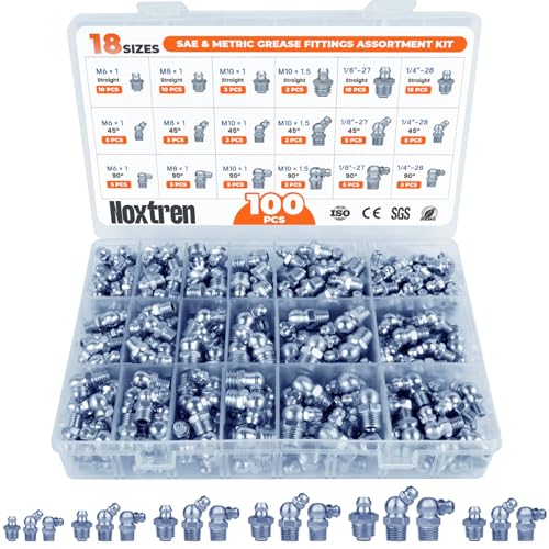 Image of 100PCS Grease Fittings Assortment, 18 Essential Sizes SAE & Metric Zerk Grease Fittings Kit- Includes UNF NPT 1 /4 inch 1 /8 inch M6 M8 M10, Straight 45 90 Degree for Grease Guns