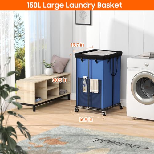 Image of 150L Laundry Hamper with Wheels, Rolling Laundry Basket with Metal Frame and Removable Bag, Large & Tall Dirty Clothes Hampers for Bedroom Aesthetic, Laundry Room, Bathroom, Dorm-Blue
