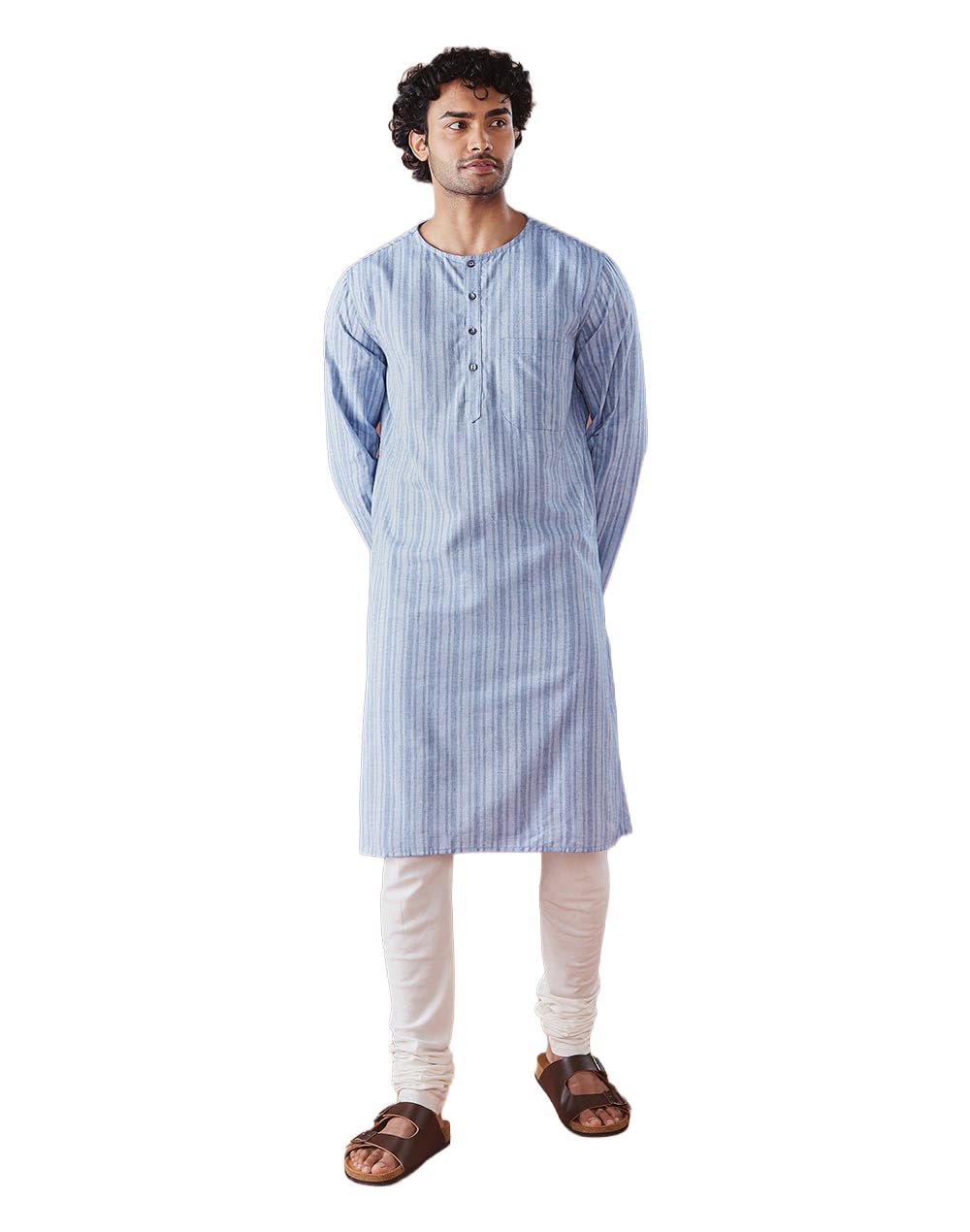 Men Fabindia Men's Yellow Cotton Stripe Comfort Fit Long Kurta-picture-30