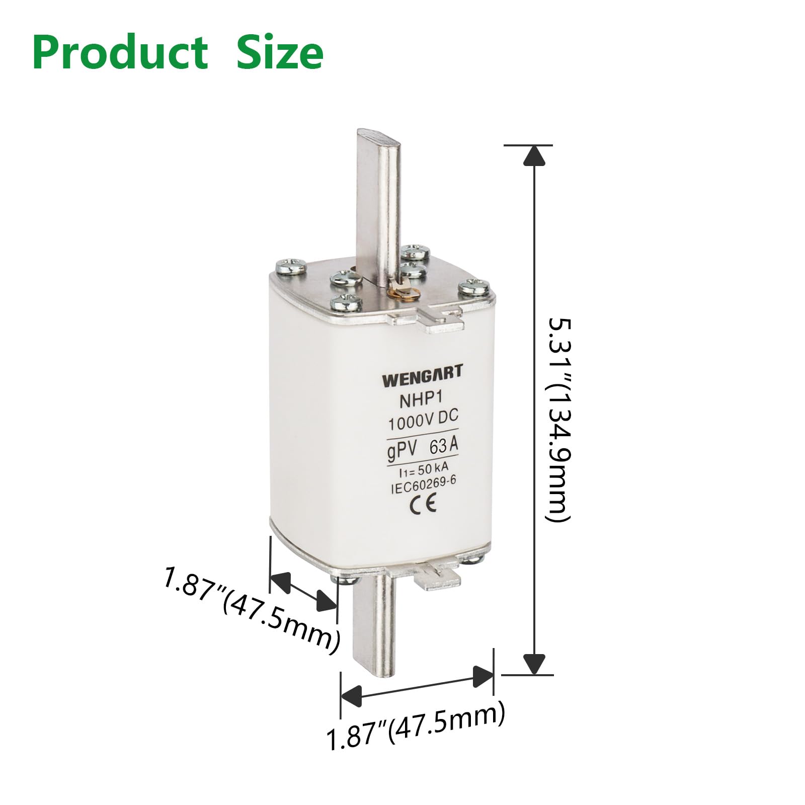 Wengart 3 Pezzi Fusibile DC NH1 gPV 63A 1000V, Protezione Fotovoltaica a Coltello per Inverter e Batterie, Potere di Interruzione 50kA, Classe gPV per Impianti Solari, NHP1