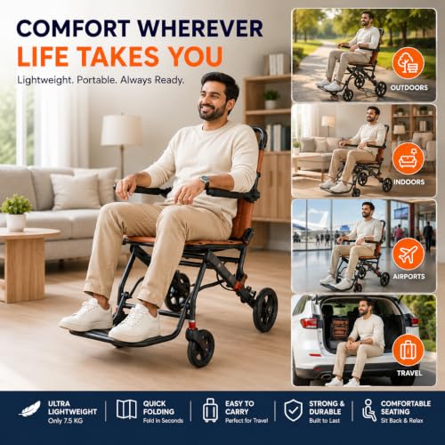 Image of VEAYVA Portable Wheelchair for Adults & Elderly | Ultra Lightweight Folding Ergonomic Seat | Foldable Wheel Chair | Caregiver Push Wheelchair | Compact | Indoor & Outdoor | Multicolor Seat
