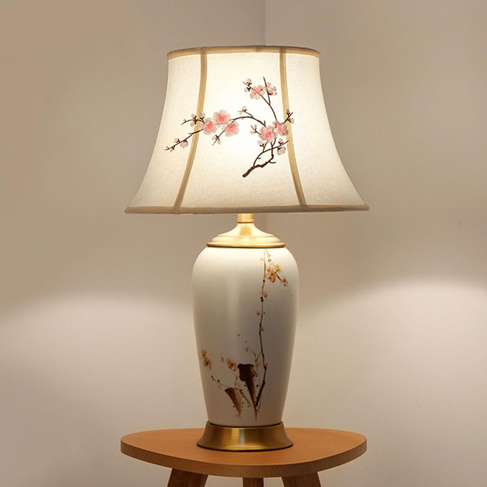 SGKOMN 25.6" Modern Ceramic Table Lamp For Living Room White Desk Lamps With Embroidered Appliqué Lampshade For Bedroom Farmhouse Bedside Nightstand Bedside Lamp End Table Lamps-A