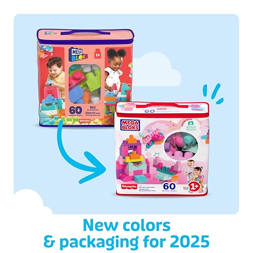 MEGA BLOKS Grande Borsa da Set da costruzione con 60 grandi mattoncini colorati e 1 custodia, set regalo giocattolo per bambini da 1 anno in su. DCH54 - Lego - Immagine 6