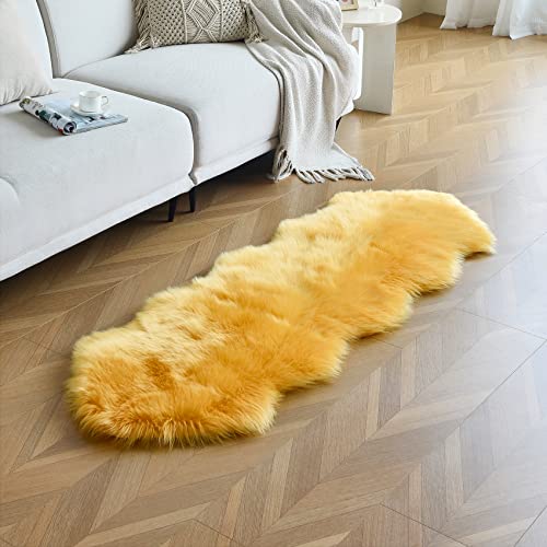 Duduta Yellow Gold Sheepskin Runner Rugs 2X6 Ft, Fluffy Faux Fur Couch Sofa Covers Washable, Bedroom Nursery Living Room Decor #TOP23