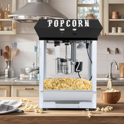 Image of 6 Oz Commercial Popcorn Machine, Kettle, 600 W, Movie Theater Popcorn Machine, Black Tabletop Pop Corn Machine with Stainless-Steel Kettle & Steel Frame Tempered Glass Doors