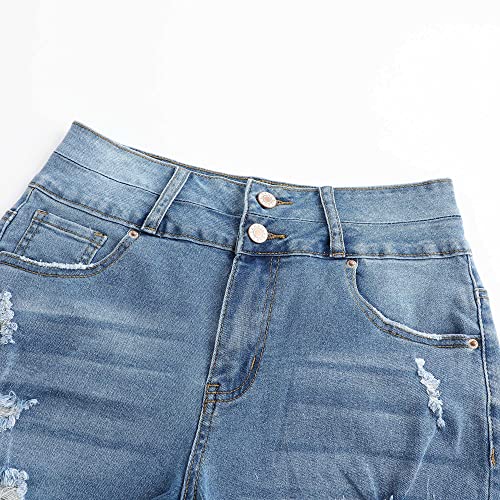 Image of THUNDER STAR Women Mid Rise Ripped Stretchy Jeans Shorts Frayed Raw Hem Casual Denim Shorts