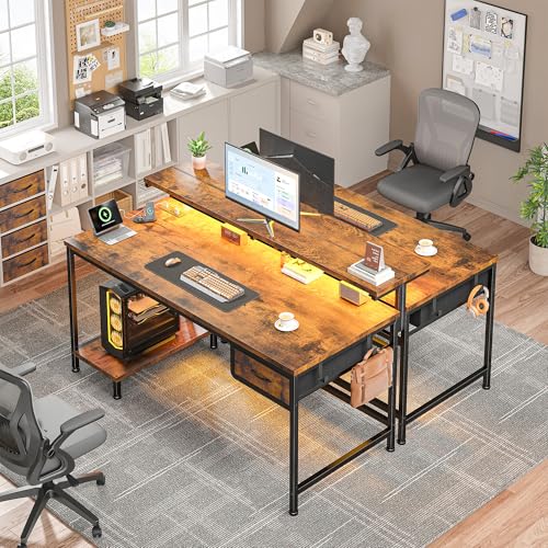 Image of DurayLoly 39.3Inch Office Desk with Power Outlet & Drawer, Gaming Desk with CPU Stand& LED Lights,Computer Desk with Ergonomic Monitor Stand for Small Space,Rustic Brown