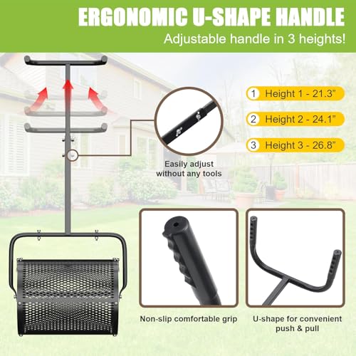 Heavy Duty Compost Spreader z łopatą, 1 Cu Ft Metal Mesh Barrel, ergonomiczny U-Handle & Side Latches do peat Moss Fertilizer Seed Garden Lawn Care, odporna na rdzę trwała konstrukcja