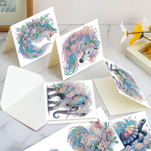 Image of AiYuanzsh Set of 6 Animal Diamond Painting Greeting Cards - Rooster, Turtle, Elephant, Horse, and Fox Designs 5D DIY Craft Kits with Colorful Rhinestones Diamond, Perfect for Birthday and Anniversary