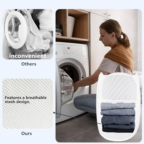 Image of Pop Up Laundry Hamper, Mesh Laundry Basket Collapsible, Foldable Hamper for Travel and Storage (White)