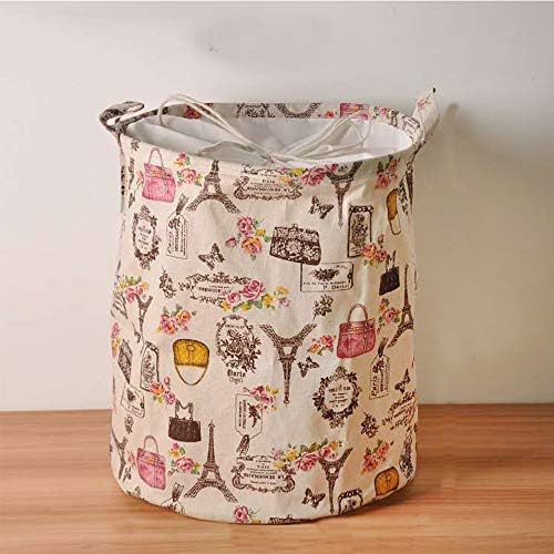 Paris Printed Laundry Hamper Canvas Fabric Laundry Basket,Collapsible Storage Bin with Handle and Drawstring Closure for Girls Room, Canvas Organizer Basket 15.7 by 19.7 inches, Waterproof Inner, Pink