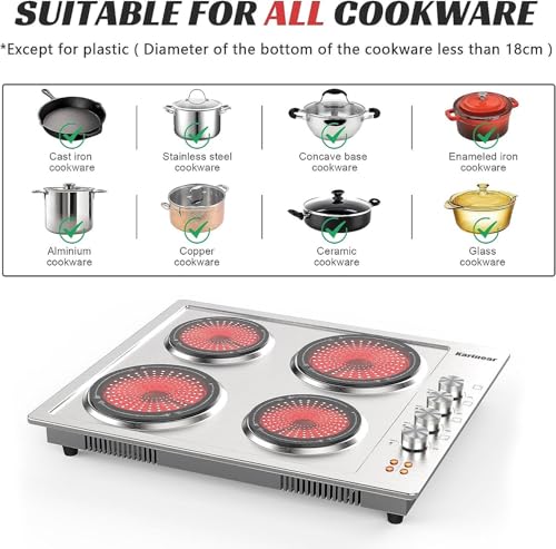 Image of Karinear Stainless Steel 24 inch Electric Cooktop, Knob Control 4 Burners
